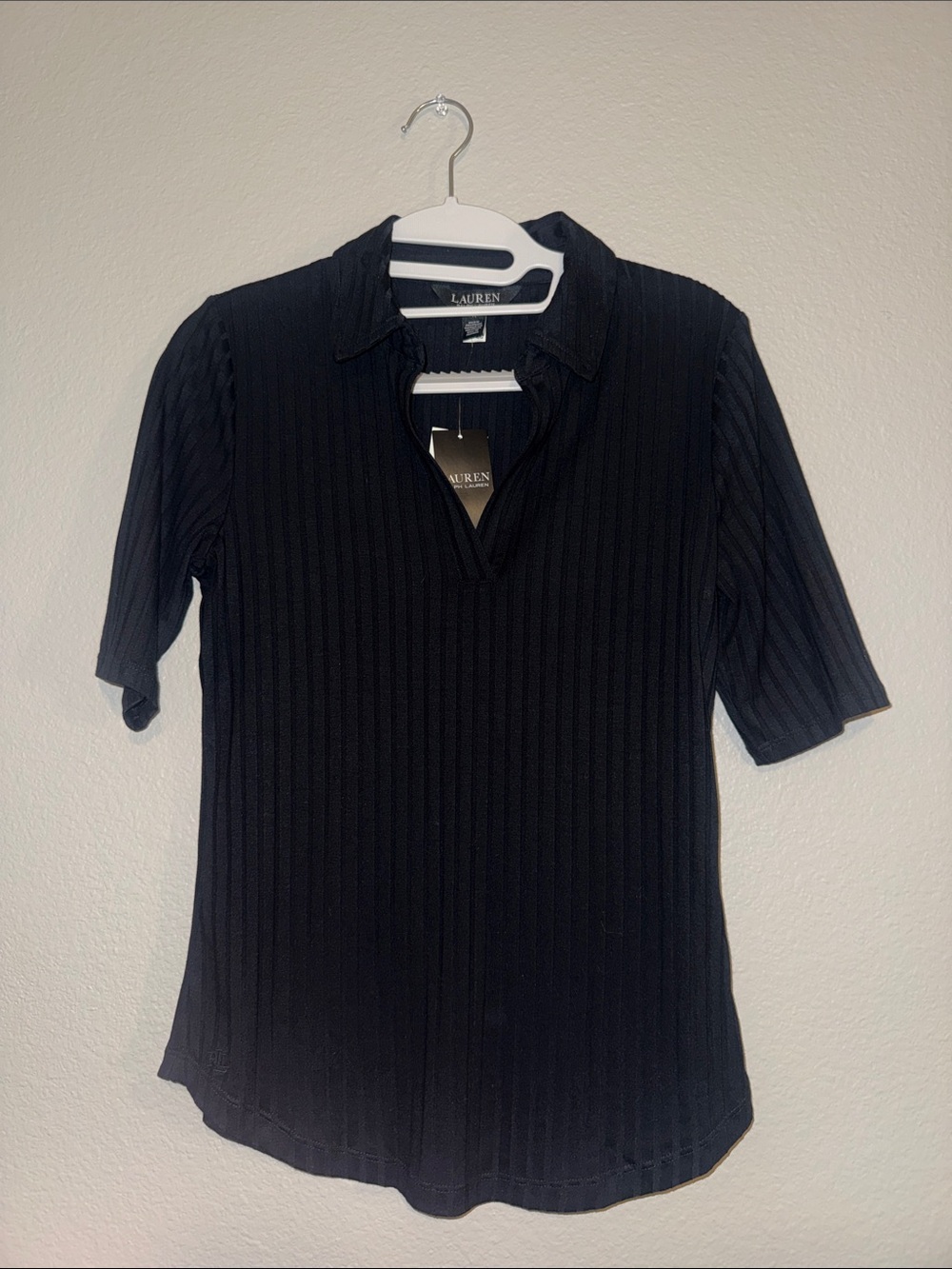 Lauren Ralph Lauren Black Ribbed Polo V-Neck Short Sleeve Top